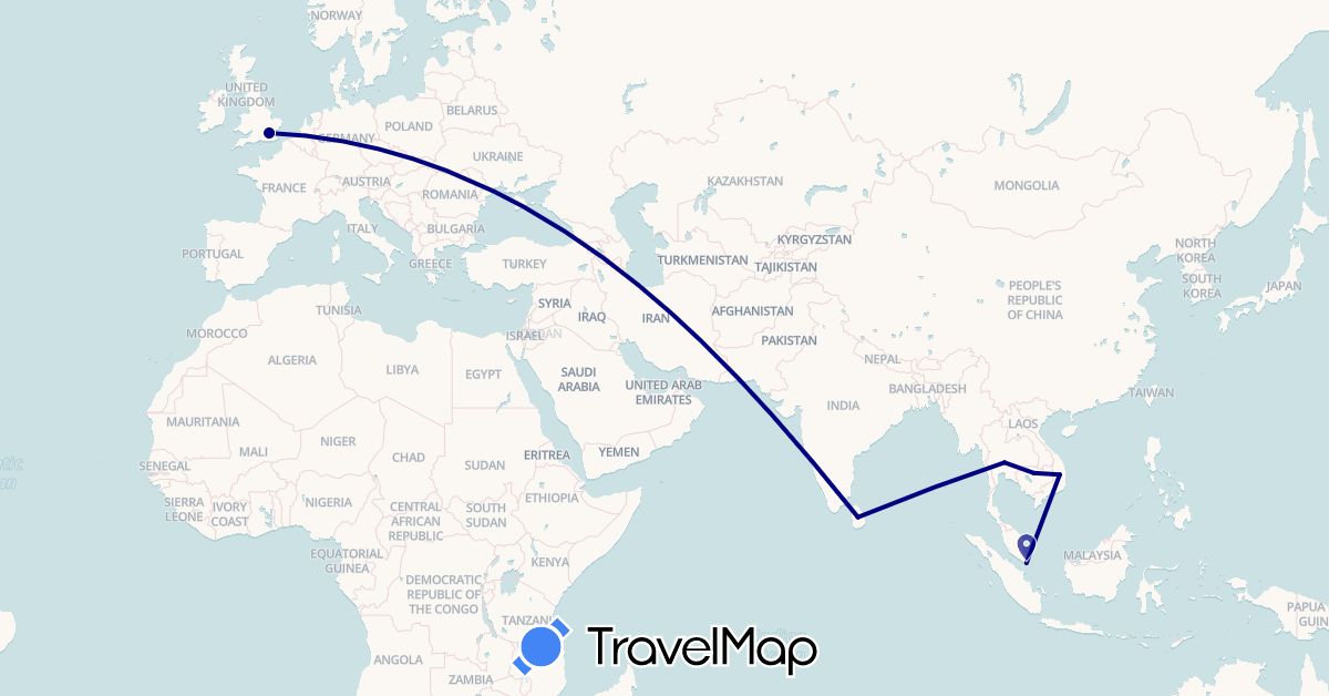 TravelMap itinerary: driving in United Kingdom, Cambodia, Sri Lanka, Singapore, Thailand, Vietnam (Asia, Europe)
